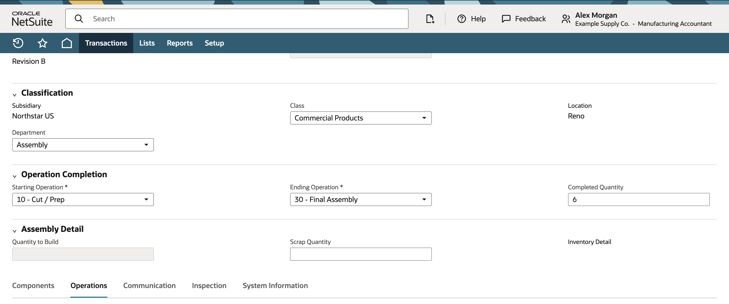 NetSuite completion Operations tab with completed quantity six across Cut Prep, Test, and Final Assembly