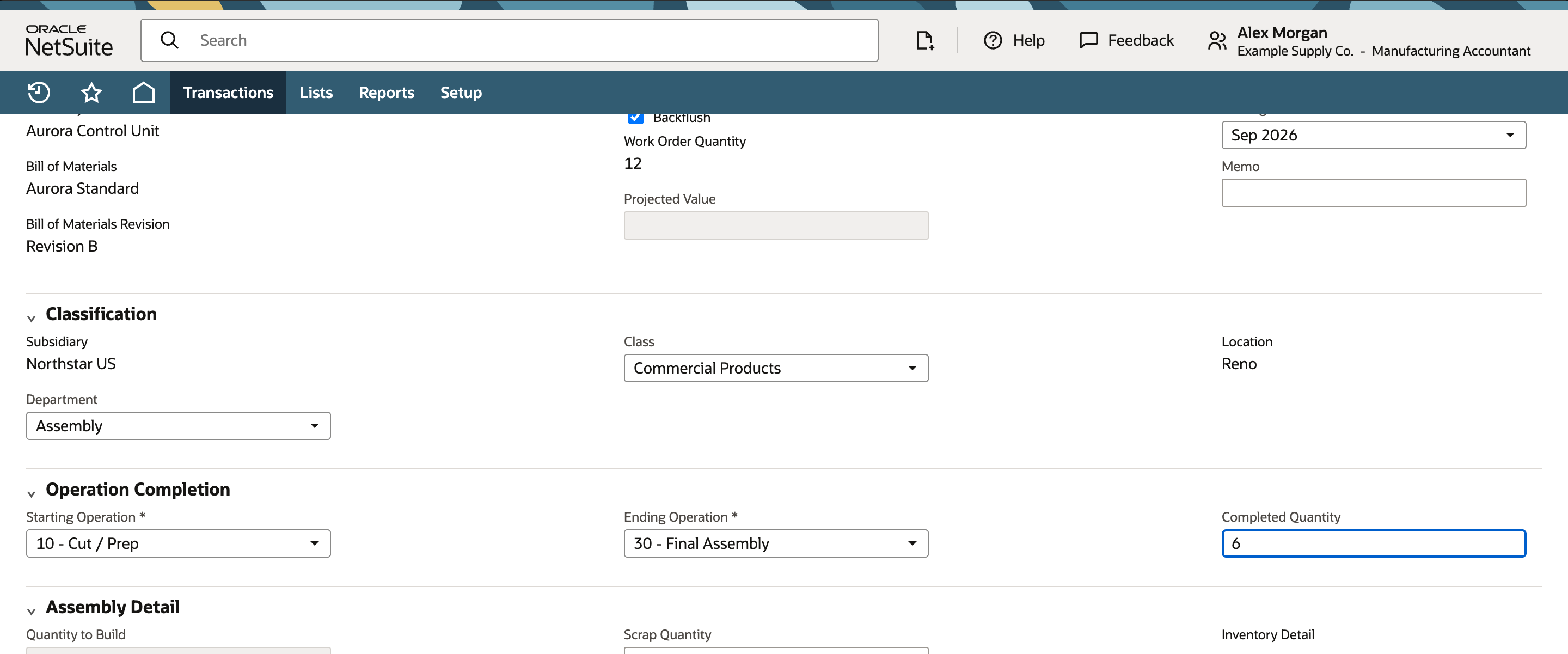 NetSuite Work Order Completion with Backflush selected, operations ten through thirty, and completed quantity six