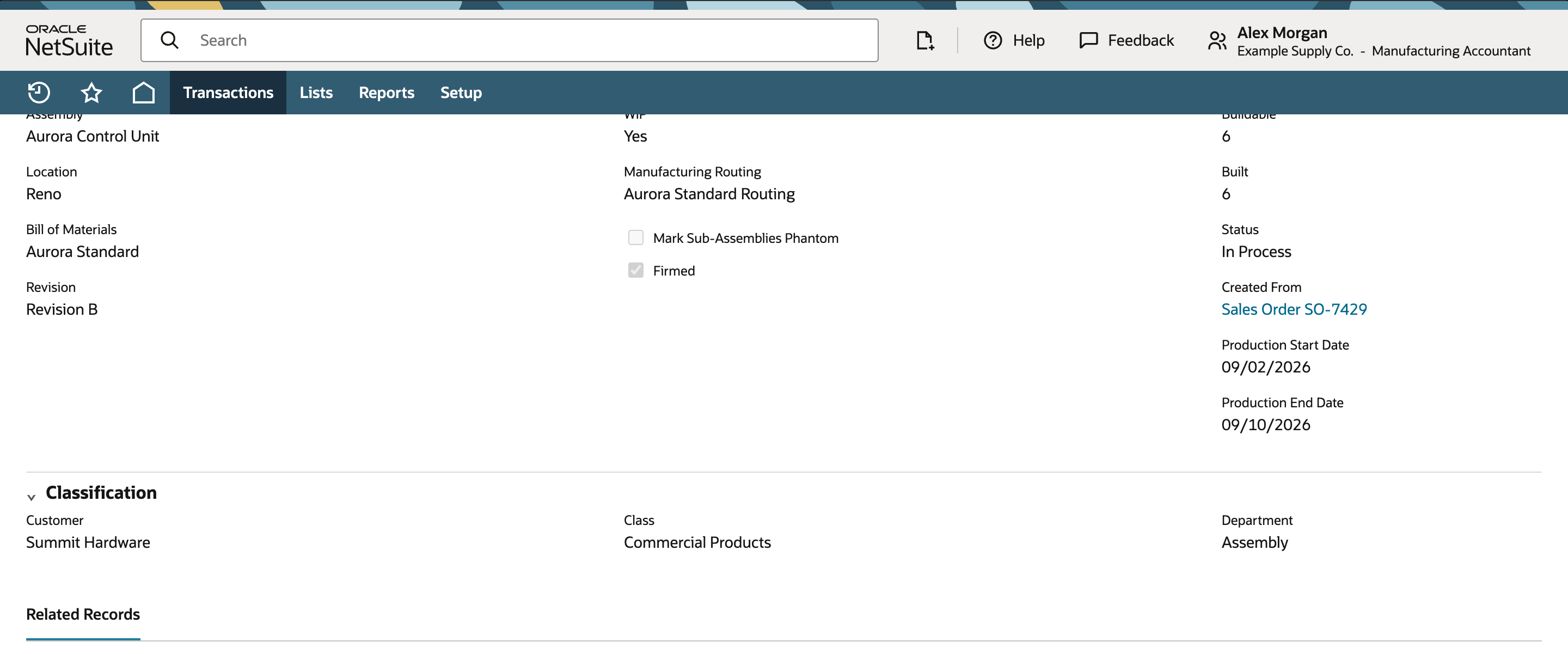 NetSuite work order WO-7430 showing In Process, Built six, and related issue and completion transactions