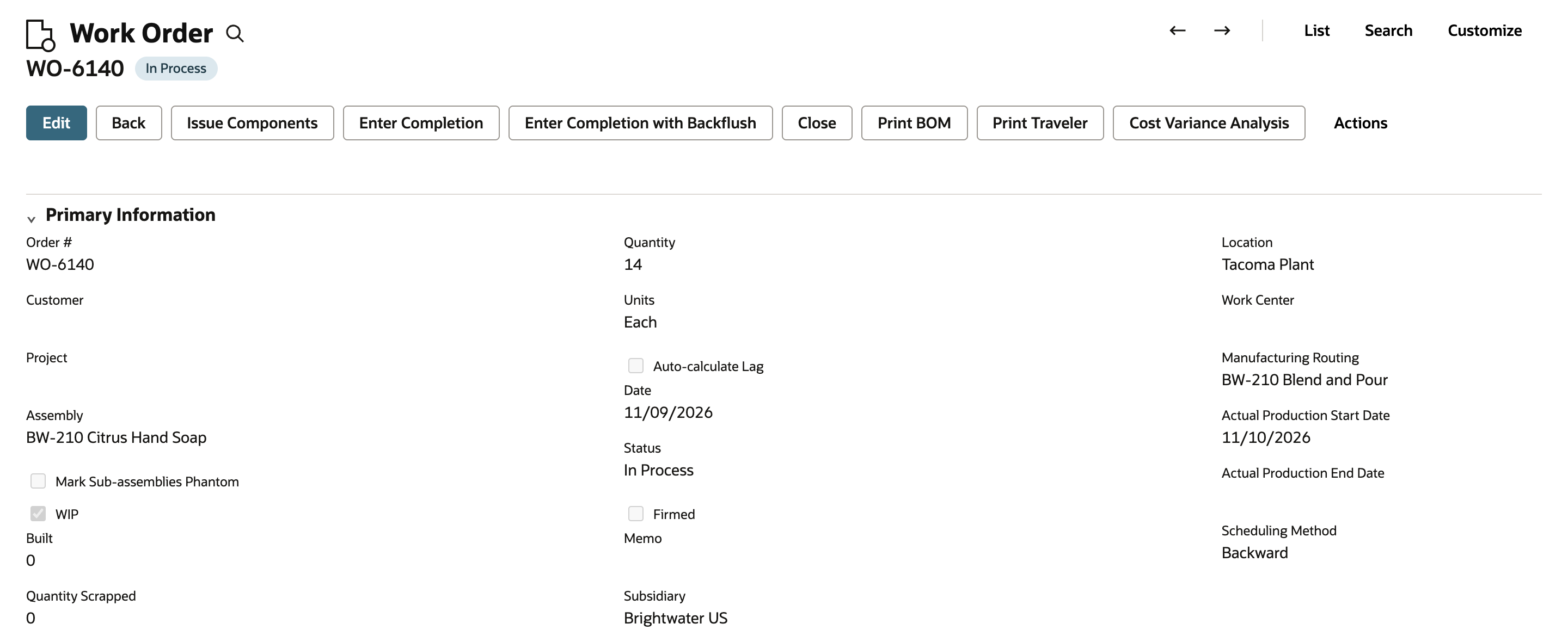 NetSuite WIP work order WO-6140 with status In Process, Built 0, Quantity Scrapped 0 and the Enter Completion buttons