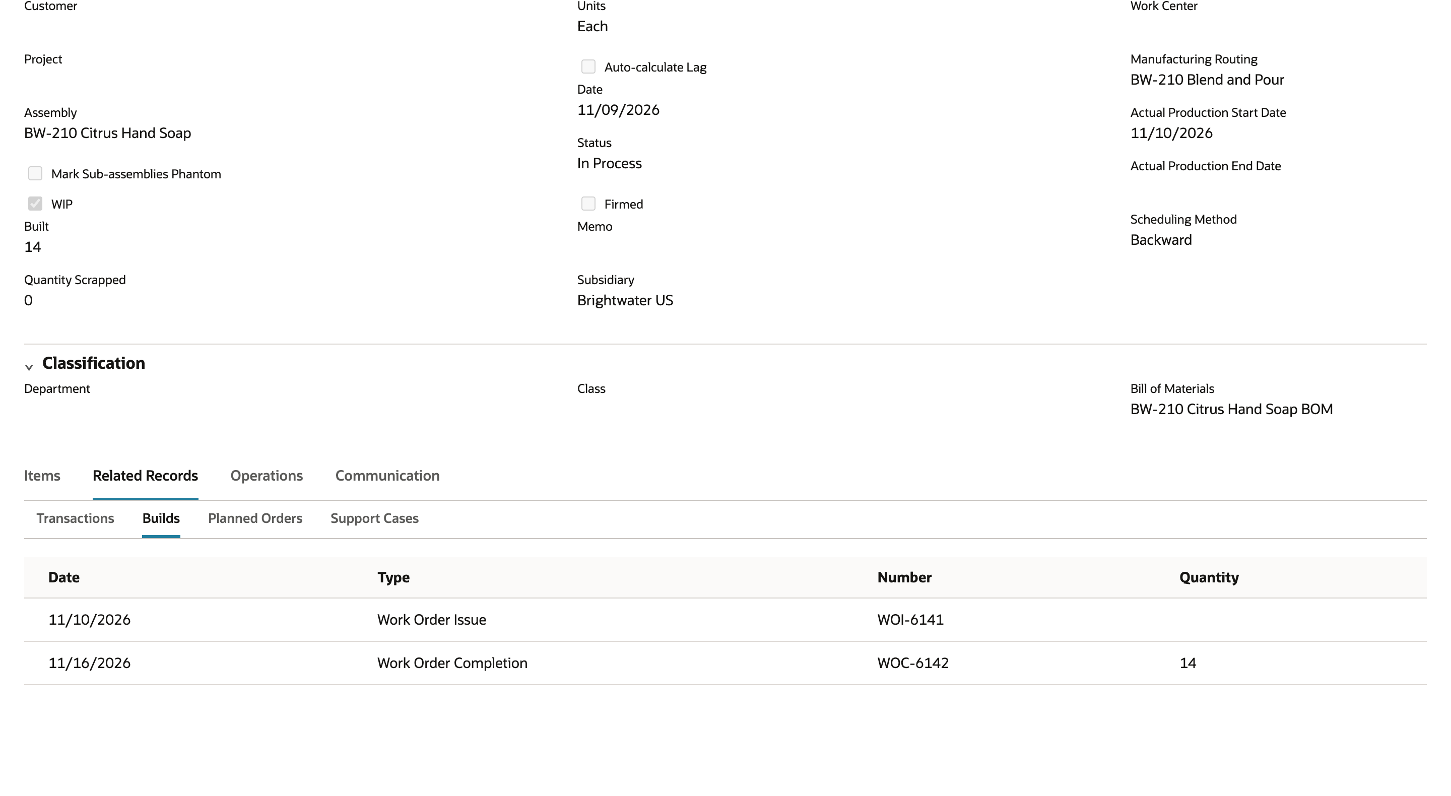 NetSuite work order WO-6140 with Built 14 and Builds rows for Work Order Issue WOI-6141 and Work Order Completion WOC-6142