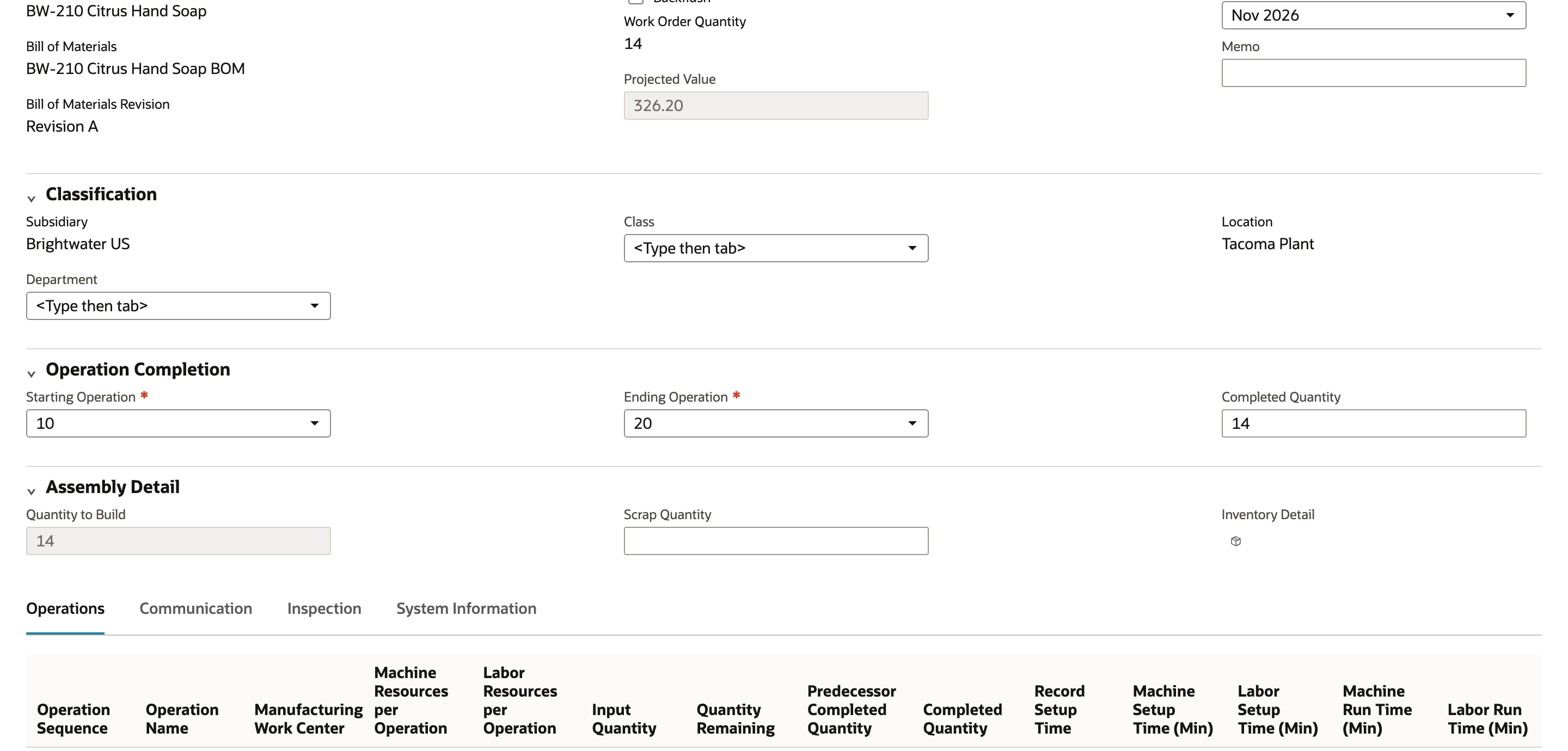 NetSuite Work Order Completion with Starting Operation 10, Ending Operation 20, Completed Quantity 14 and Quantity to Build 14