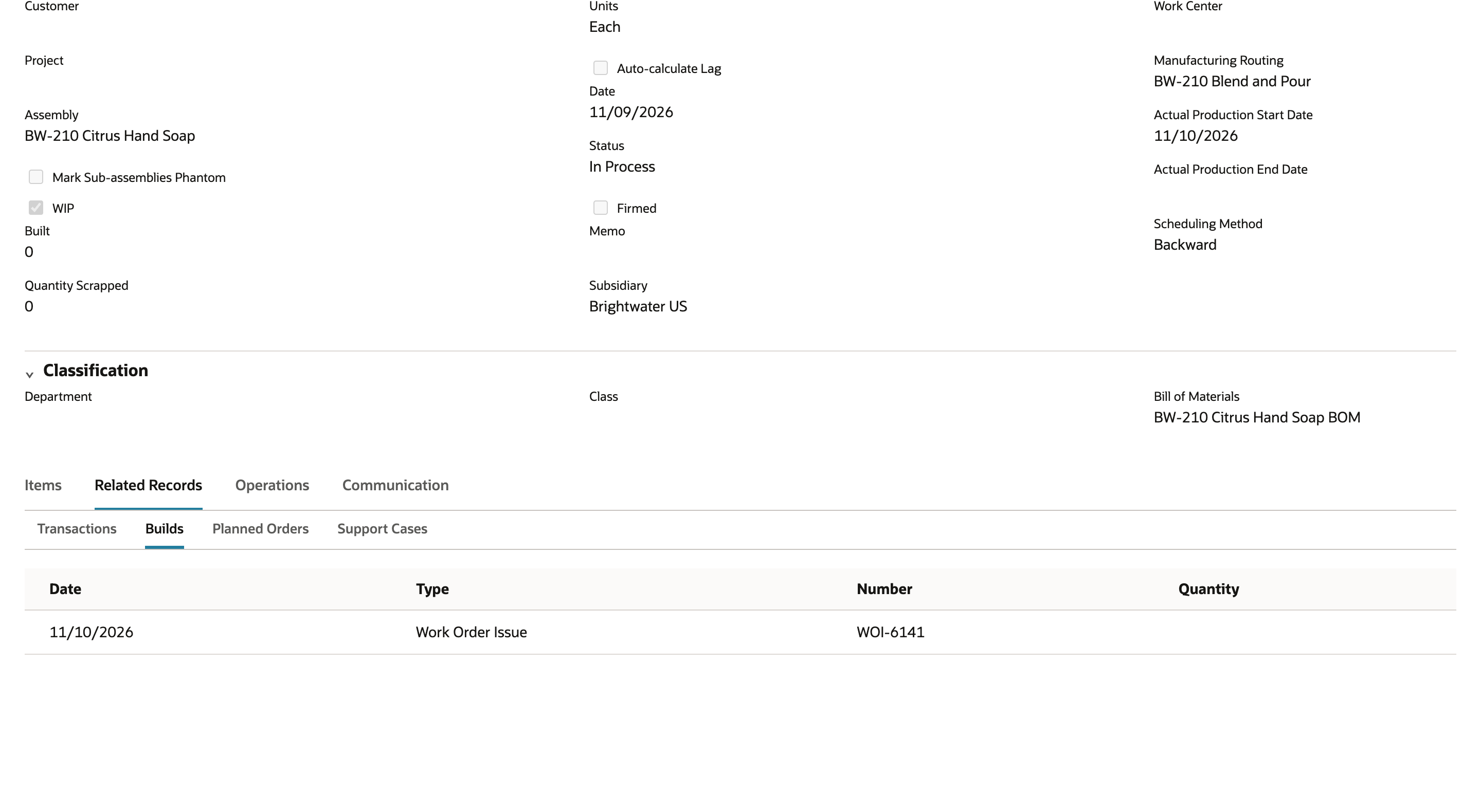Builds subtab of NetSuite work order WO-6140 listing Work Order Issue WOI-6141