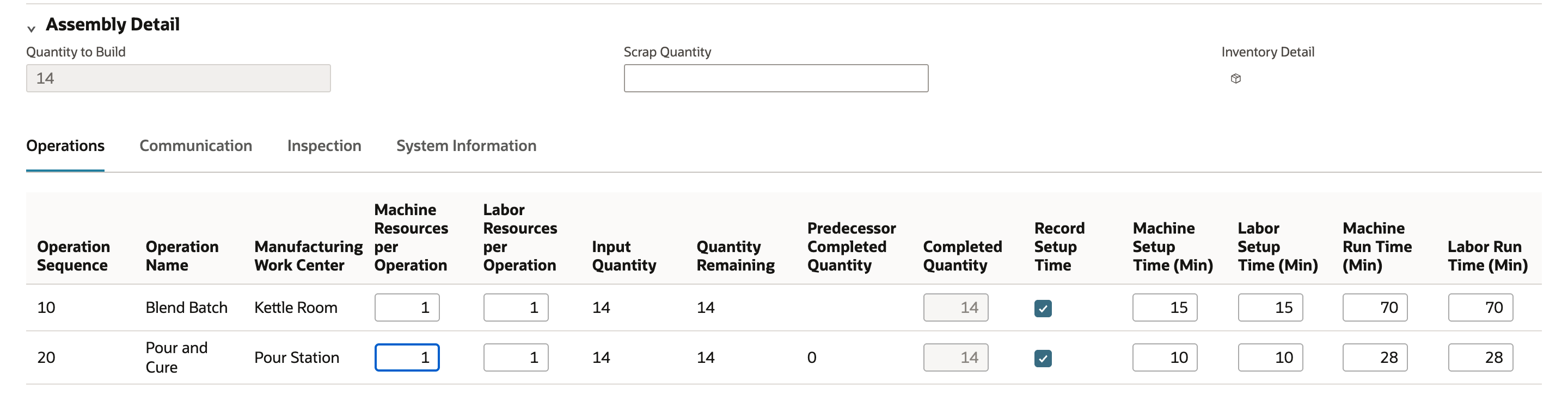 Operations subtab of the NetSuite completion with 70 machine and labor run minutes entered for operation 10