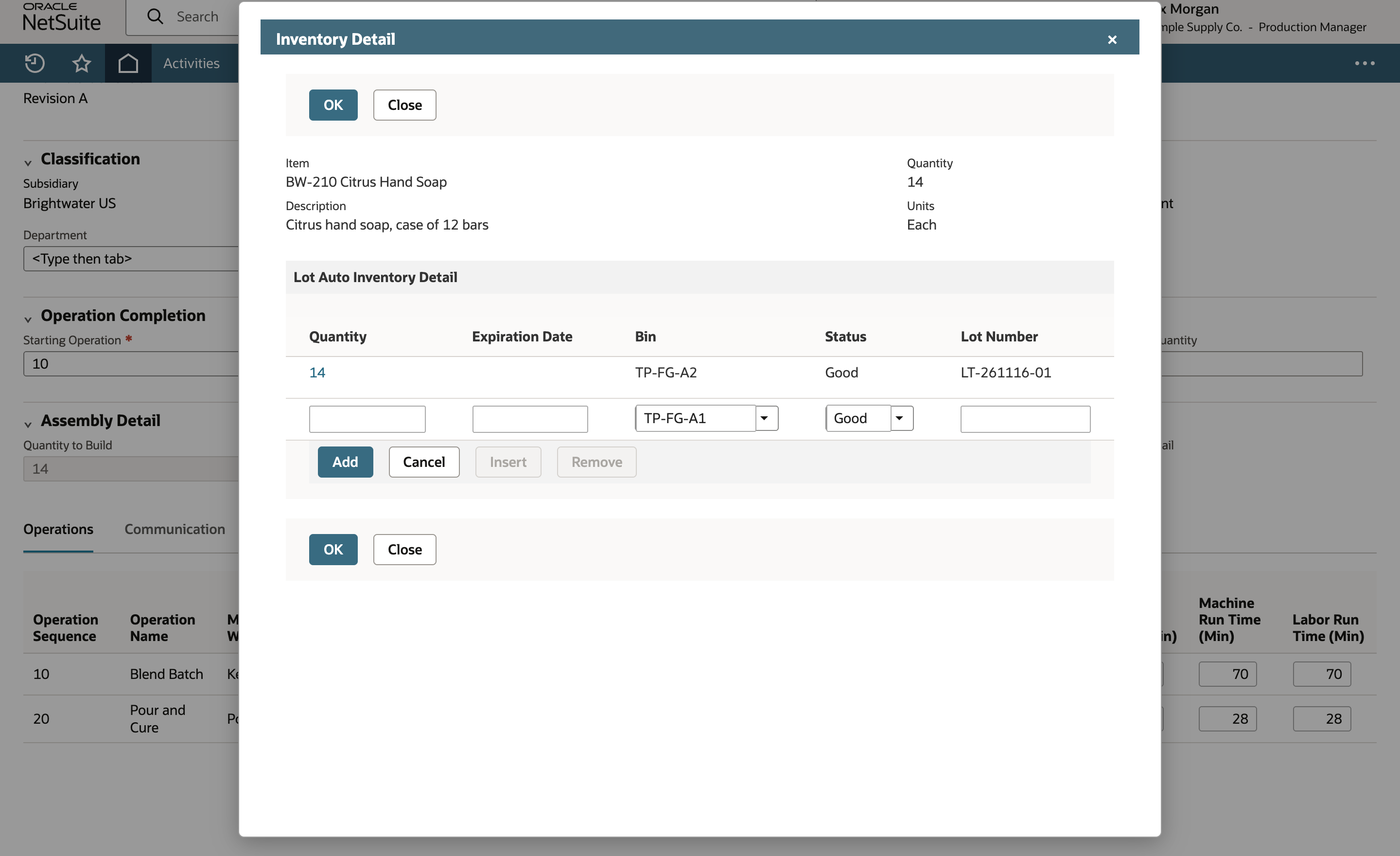NetSuite Inventory Detail dialog with one committed line for quantity 14, bin TP-FG-A2, status Good and lot LT-261116-01