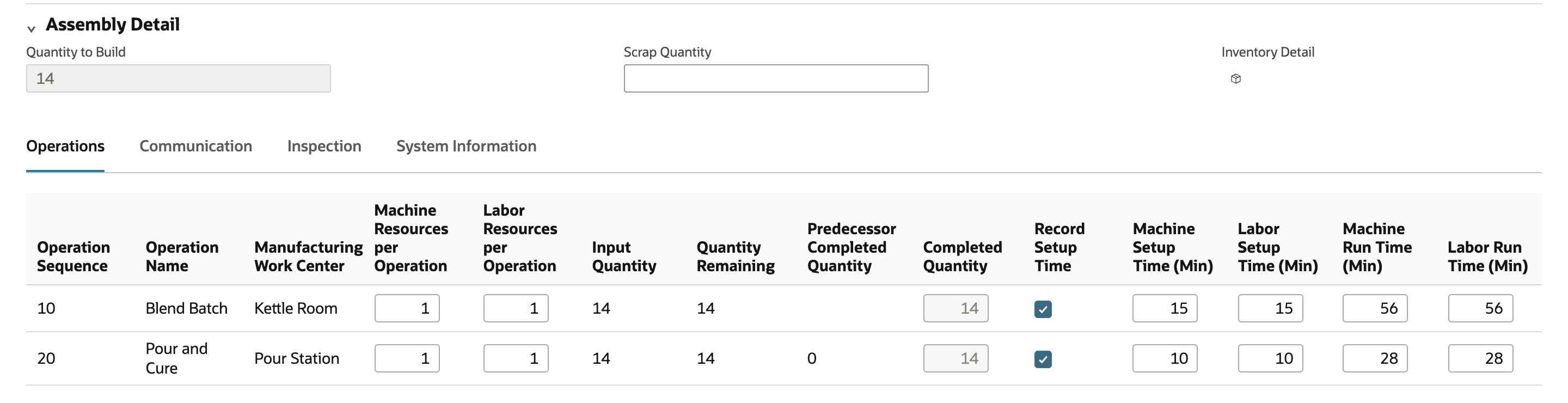 Operations subtab of the NetSuite completion showing 56 machine and labor run minutes for operation 10