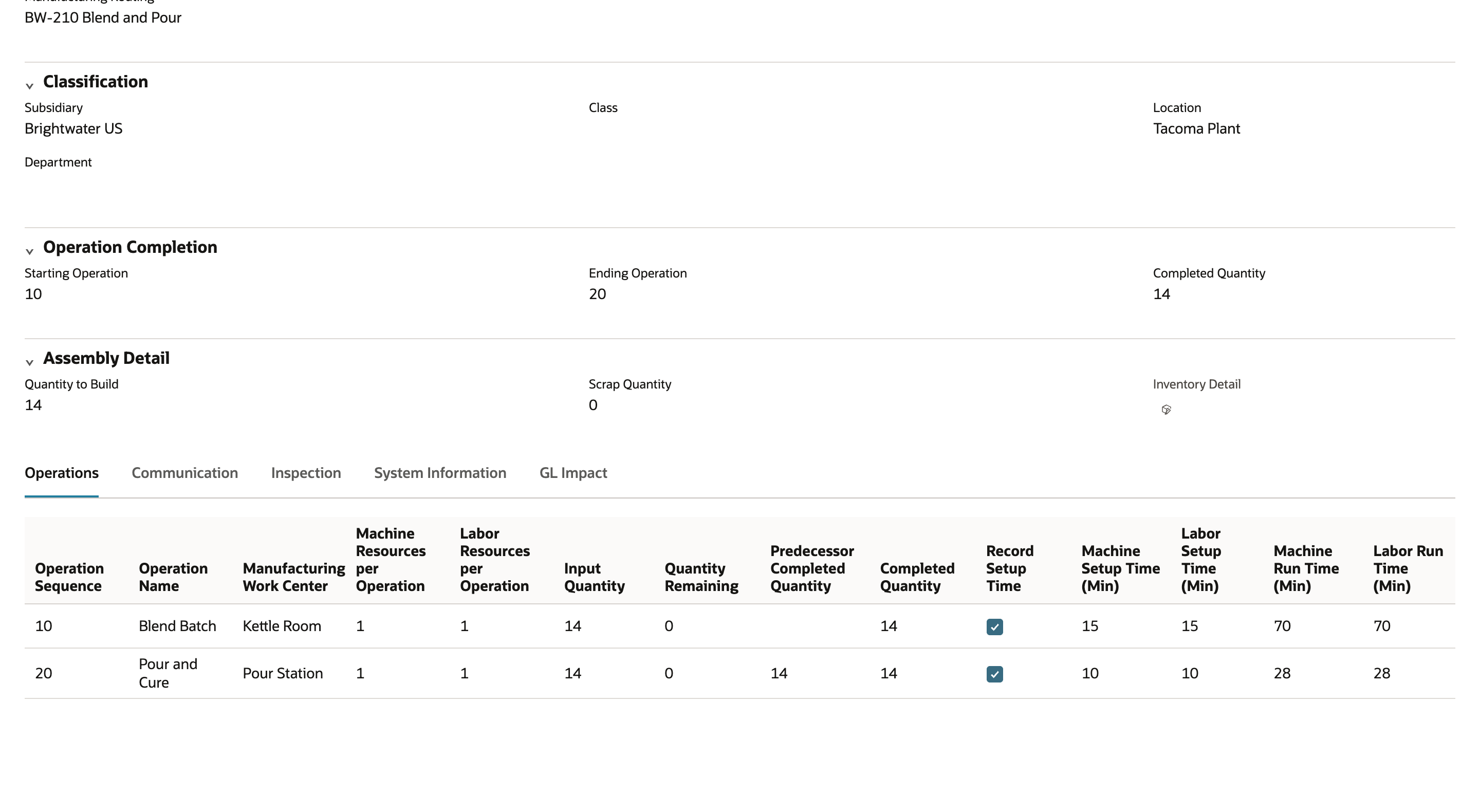 Saved NetSuite completion with operations 10 to 20, quantity 14 and 70 machine and labor run minutes for operation 10