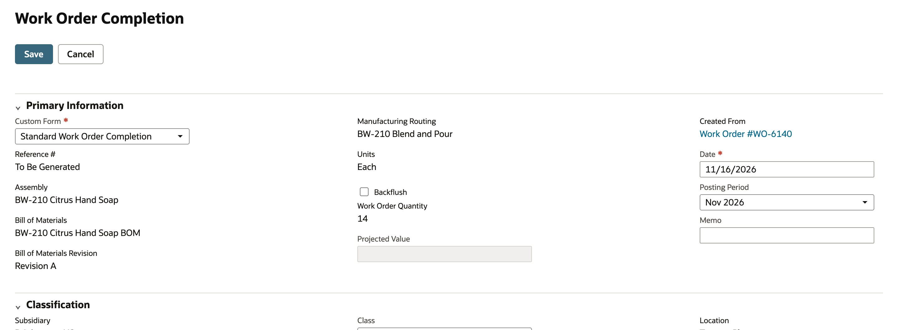 New NetSuite Work Order Completion created from WO-6140 with the Backflush check box cleared