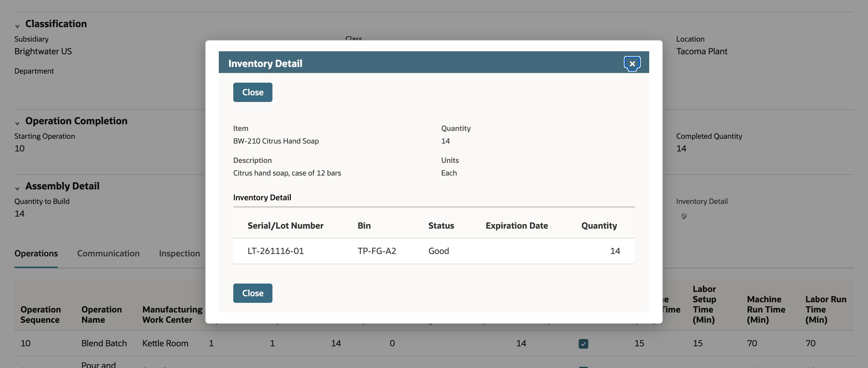 Read-only NetSuite Inventory Detail popup showing lot LT-261116-01, bin TP-FG-A2, status Good and quantity 14