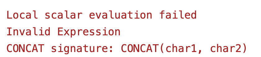 The synthetic Formula Lab rejects three CONCAT arguments. This is a local diagnostic, not a production error screen.