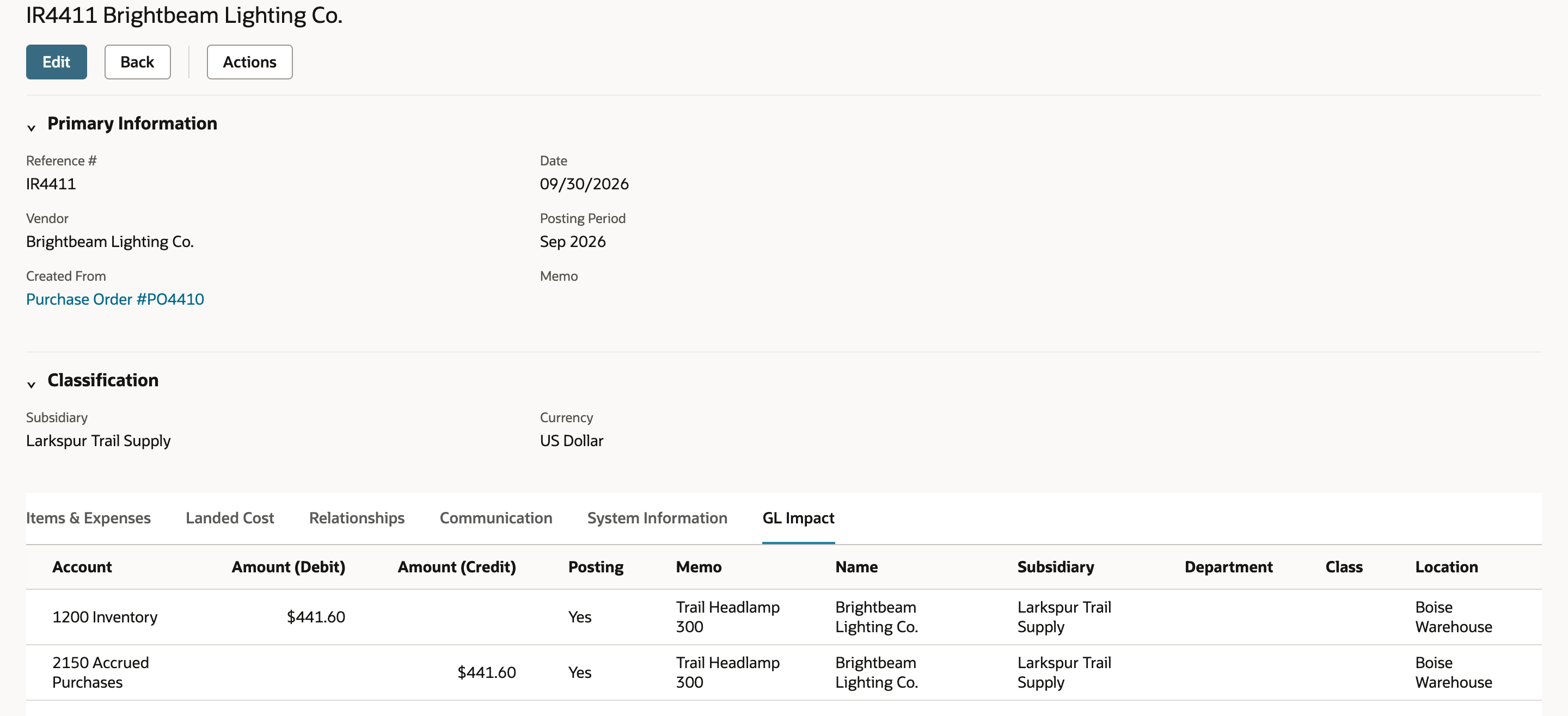 Item Receipt IR4411 GL Impact with 1200 Inventory debit 441.60 and 2150 Accrued Purchases credit 441.60