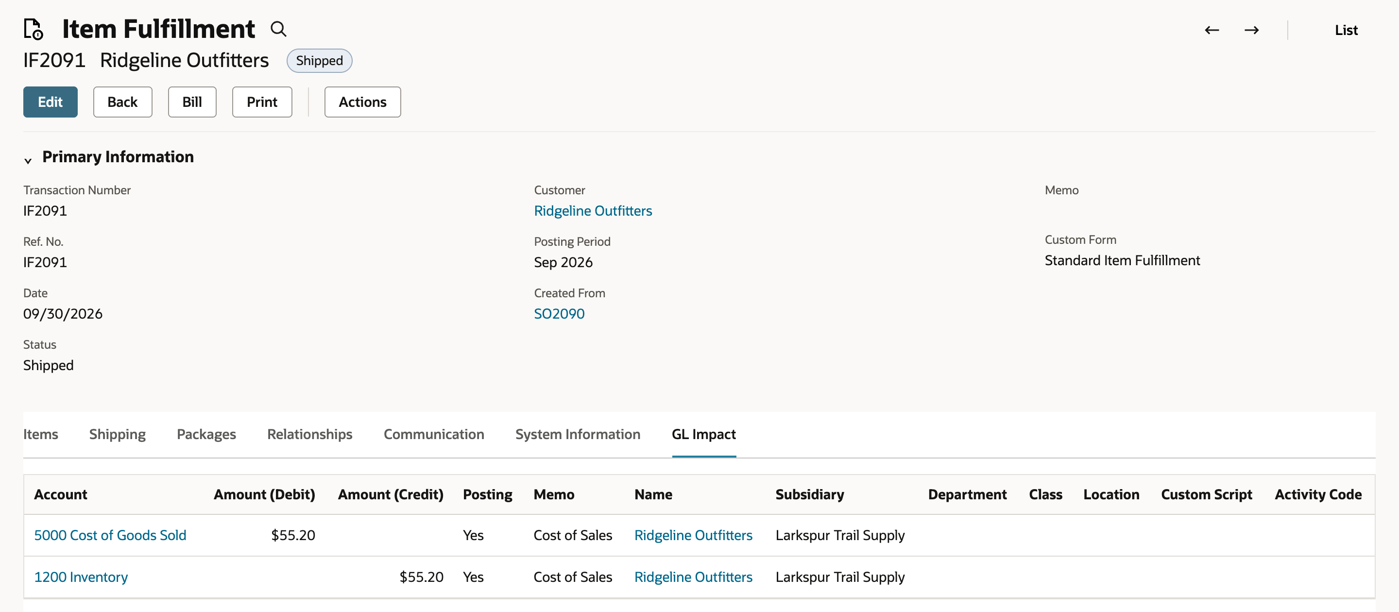 Item Fulfillment IF2091 for Ridgeline Outfitters, status Shipped, GL Impact with 5000 Cost of Goods Sold debit 55.20 and 1200 Inventory credit 55.20