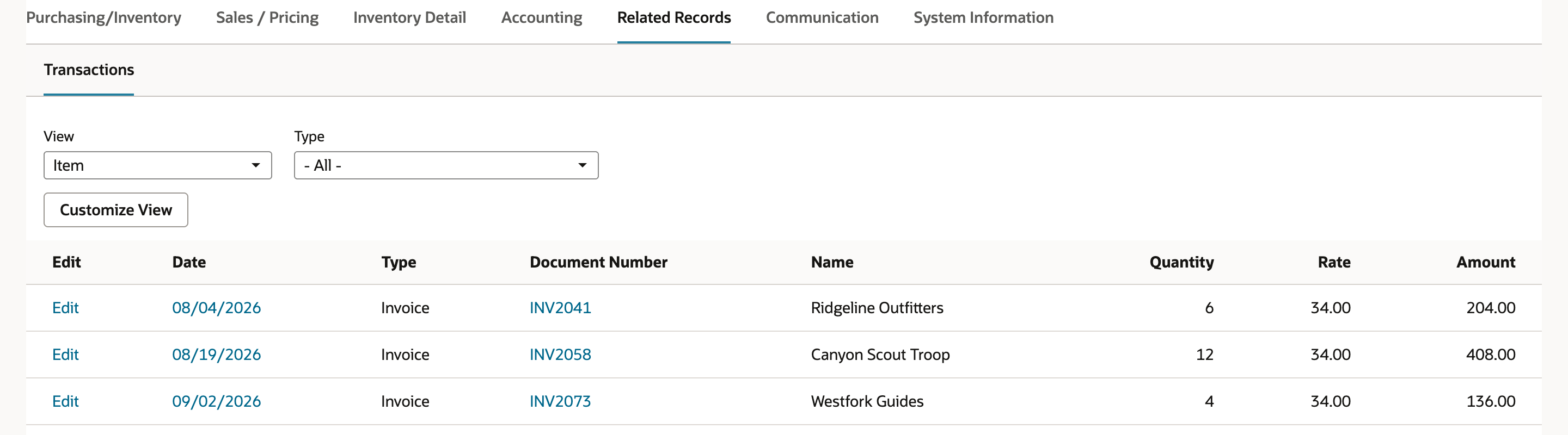 Related Records Transactions on the converted inventory item still listing INV2041, INV2058 and INV2073
