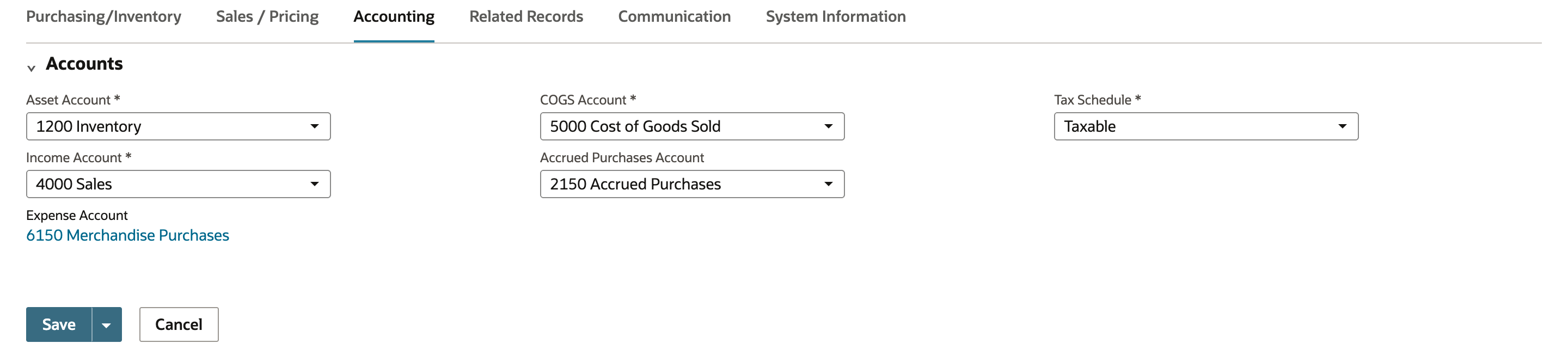 Accounting subtab of the conversion form with Asset Account 1200 Inventory, COGS Account 5000 Cost of Goods Sold, Income Account 4000 Sales, Accrued Purchases Account 2150 and read-only Expense Account 6150 Merchandise Purchases