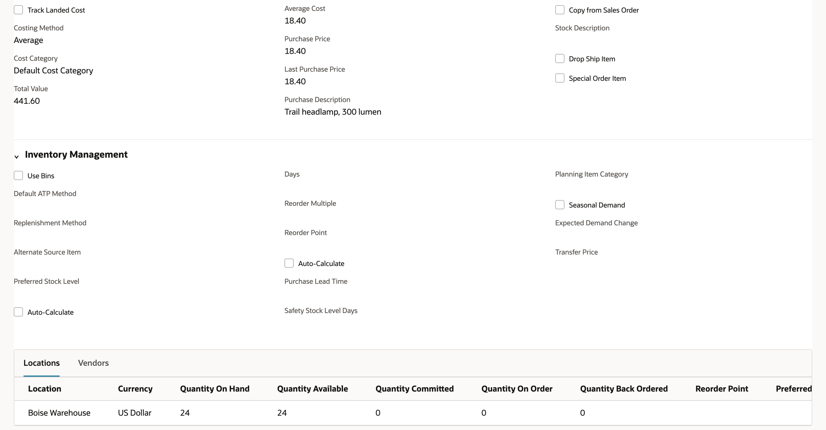 Purchasing/Inventory subtab with Costing Method Average, Average Cost 18.40, Total Value 441.60 and Boise Warehouse Quantity On Hand 24