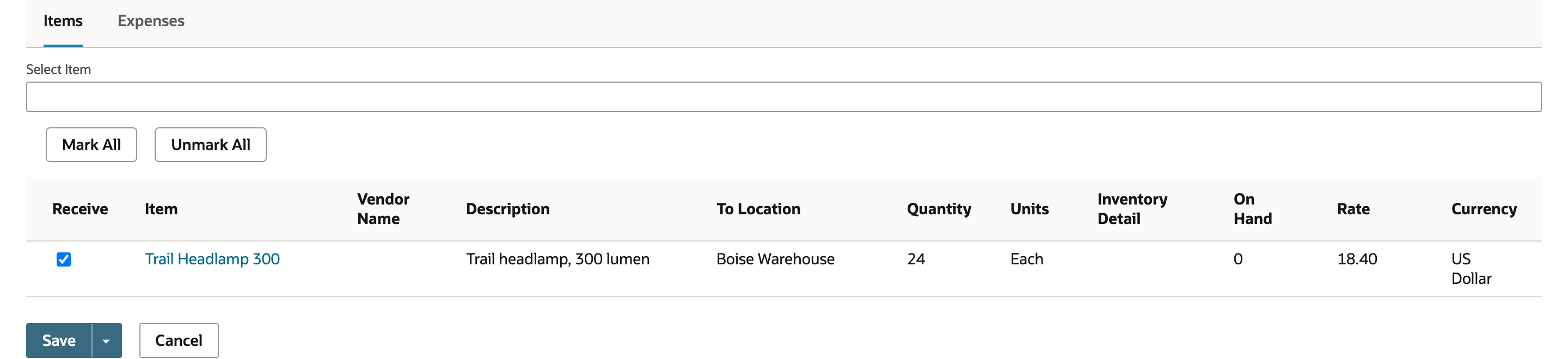 Item receipt created from Purchase Order PO4410 with one checked line: Trail Headlamp 300 to Boise Warehouse, Quantity 24, On Hand 0, Rate 18.40