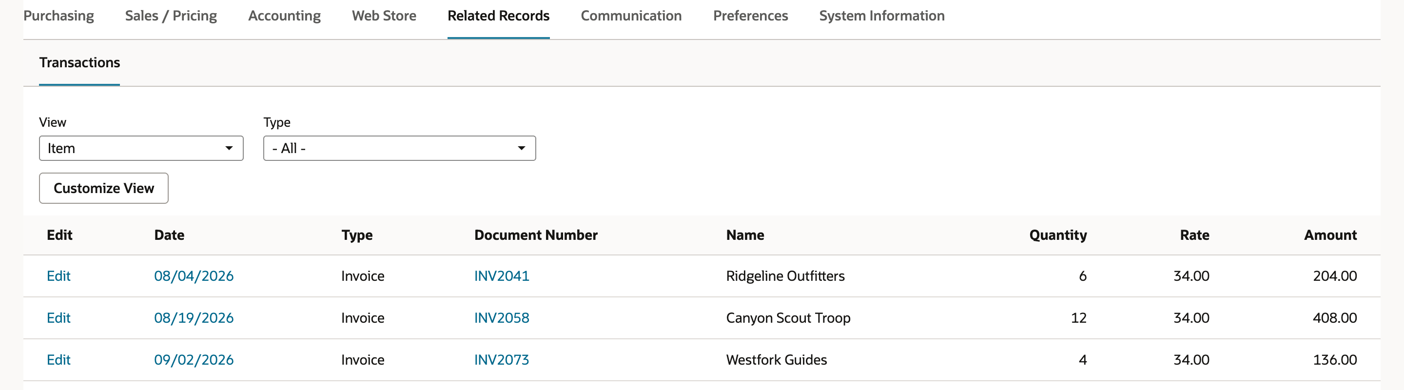 Related Records Transactions list with three invoices for the item: INV2041 quantity 6, INV2058 quantity 12 and INV2073 quantity 4, each at rate 34.00