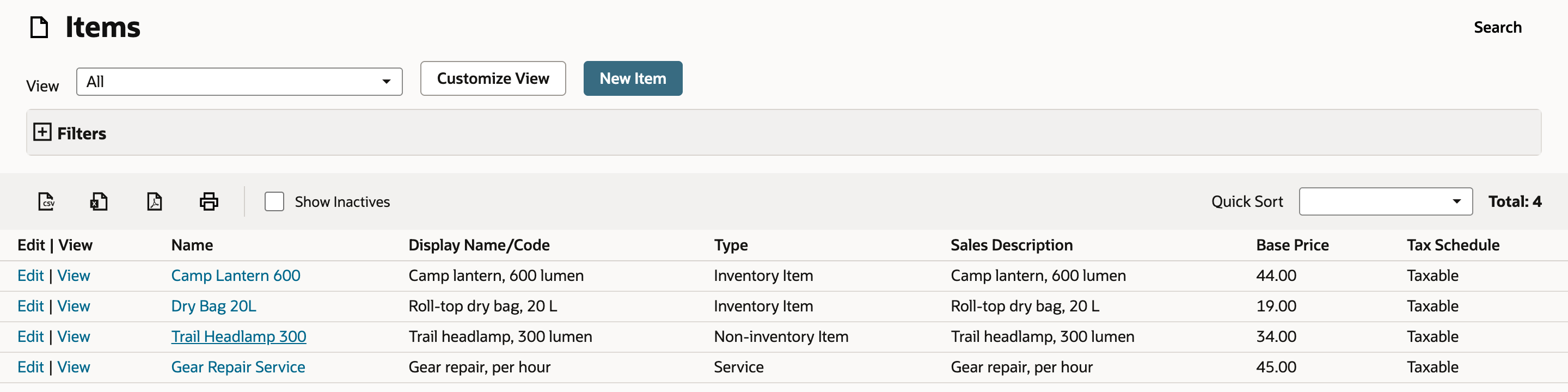 Items list with four items; Trail Headlamp 300 has the type Non-inventory Item, while Camp Lantern 600 and Dry Bag 20L are Inventory Items