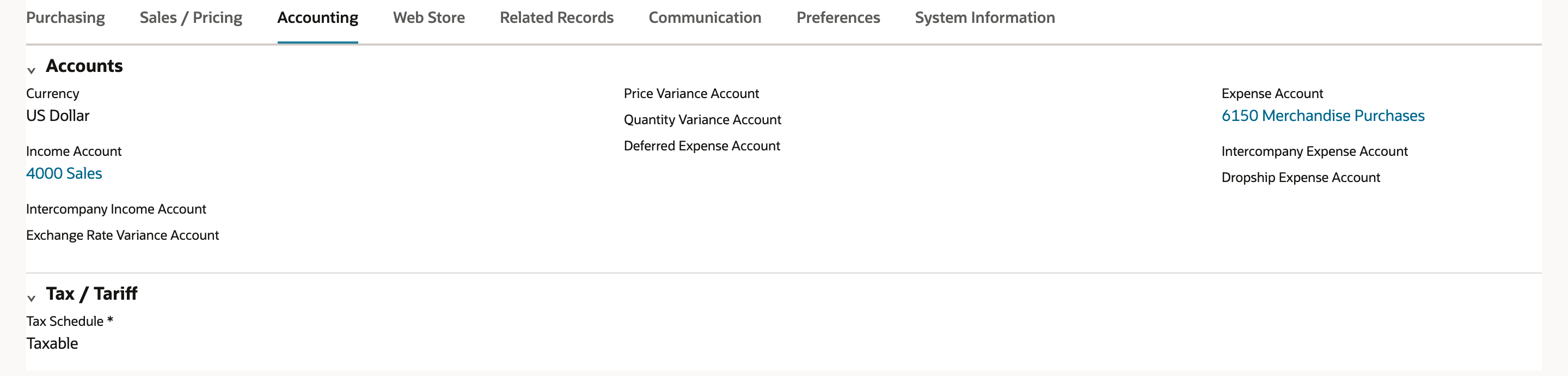 Accounting subtab of the non-inventory item showing Income Account 4000 Sales and Expense Account 6150 Merchandise Purchases