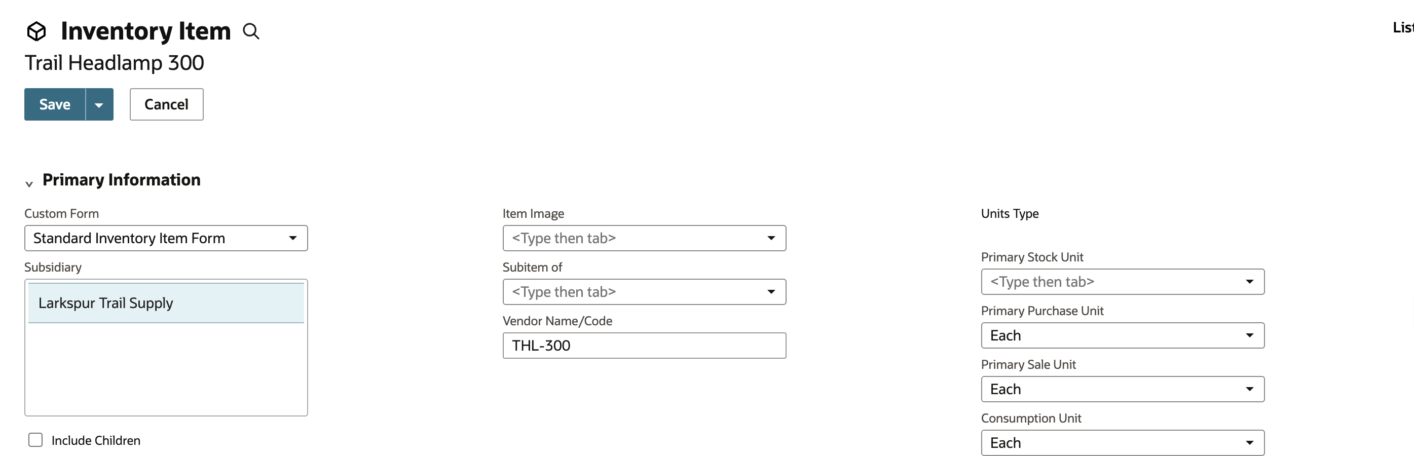 Inventory Item entry form for Trail Headlamp 300 with Standard Inventory Item Form, subsidiary Larkspur Trail Supply, vendor code THL-300 and units Each filled in