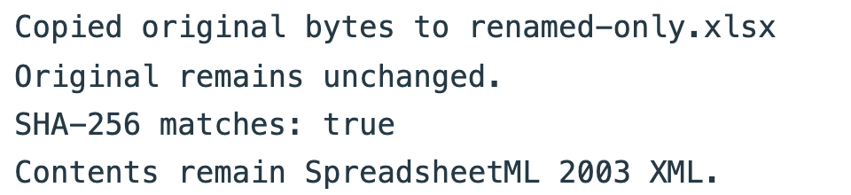 Local copy result confirms matching SHA-256 and unchanged SpreadsheetML contents.
