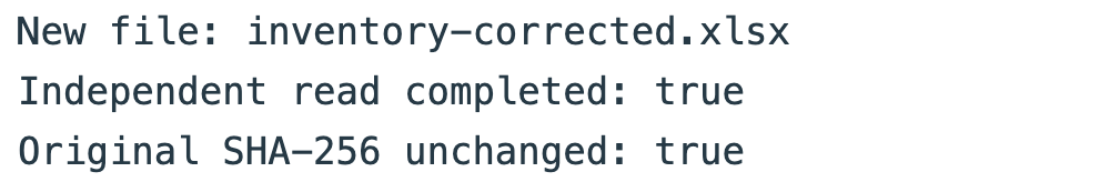 Conversion result names the new XLSX file and confirms an independent read and unchanged original hash.