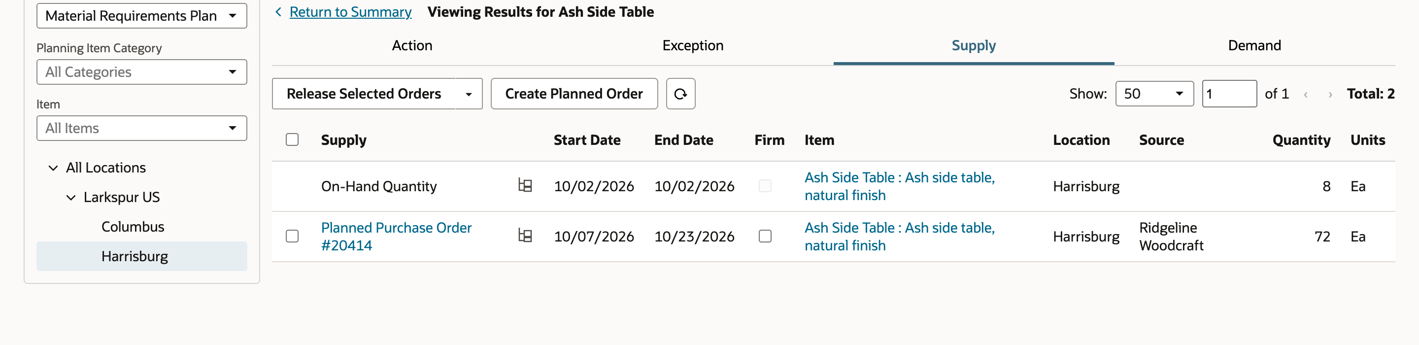 The Supply tab for Ash Side Table lists On-Hand Quantity 8 and Planned Purchase Order #20414 for 72 Ea, 10/07/2026 to 10/23/2026, from Ridgeline Woodcraft.