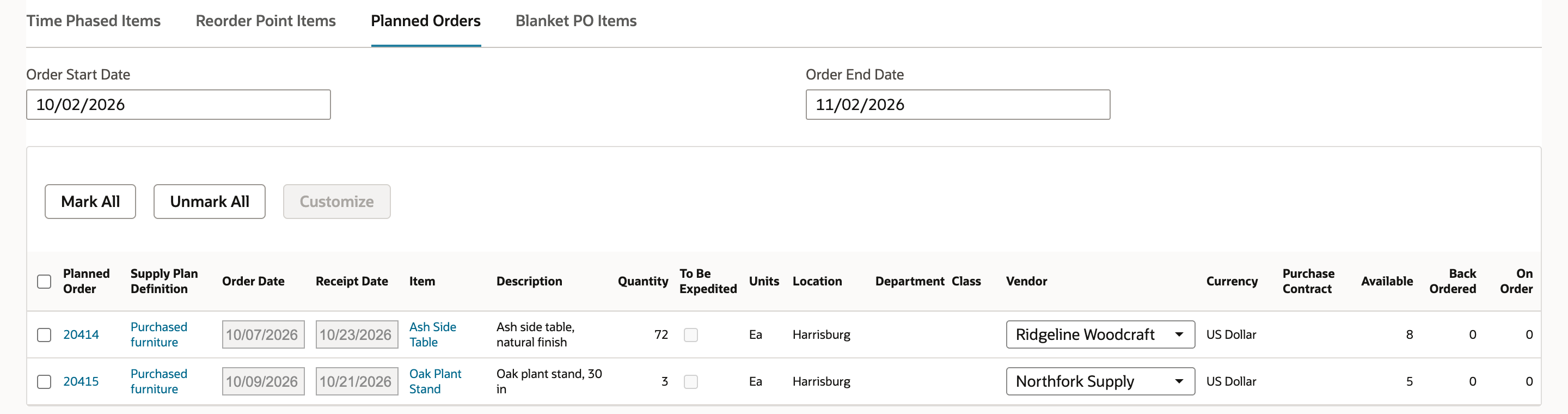 The Order Items Planned Orders tab lists planned order 20414 for Ash Side Table, 72, Ridgeline Woodcraft and planned order 20415 for Oak Plant Stand, 3, Northfork Supply.