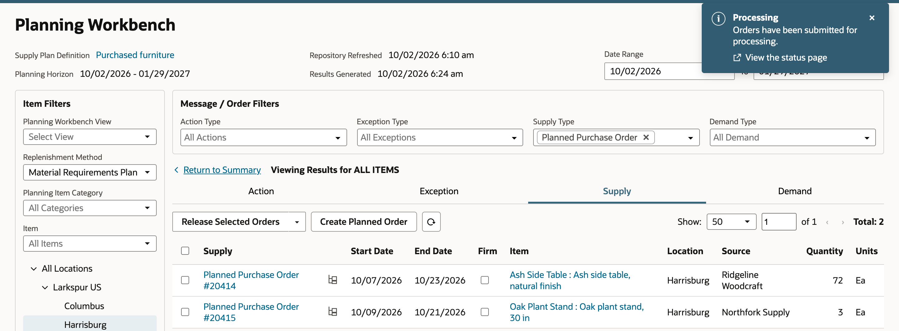 Planning Workbench shows the Processing message Orders have been submitted for processing, with View the status page, while #20414 and #20415 remain listed.