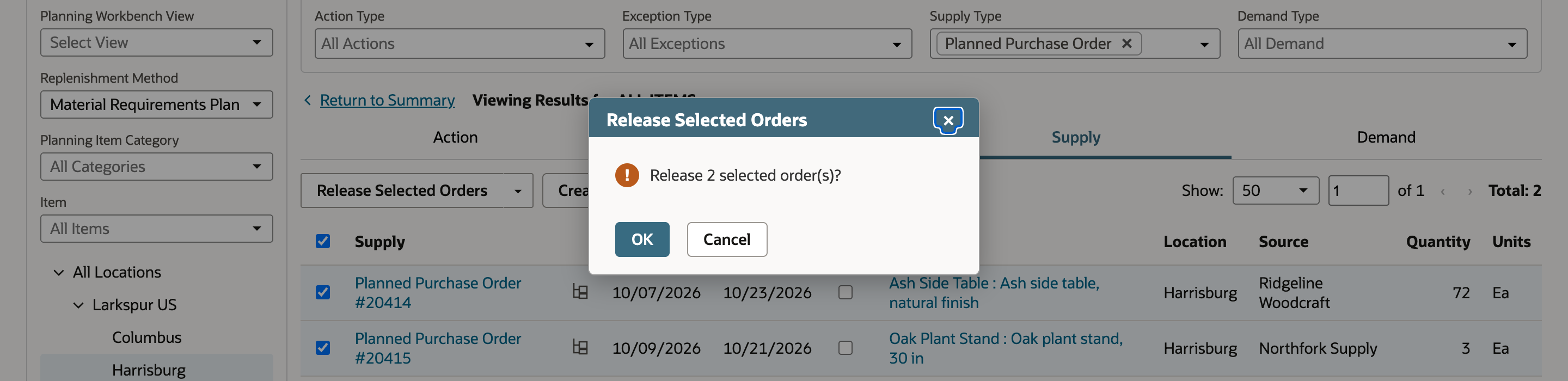 With Supply Type set to Planned Purchase Order, planned orders #20414 and #20415 are checked and the Release Selected Orders dialog asks Release 2 selected order(s)?