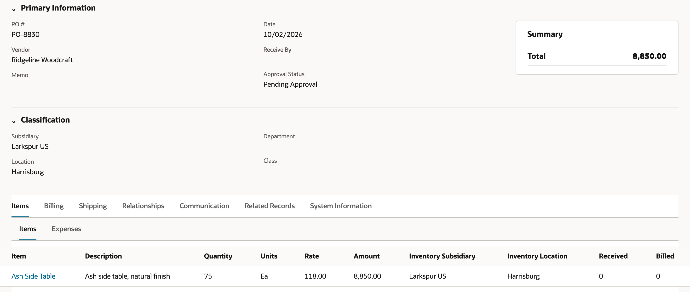 Purchase order PO-8830 for Ridgeline Woodcraft at Harrisburg, Pending Approval, with one line of 75 Ea Ash Side Table at 118.00 for 8,850.00, Received 0 and Billed 0.
