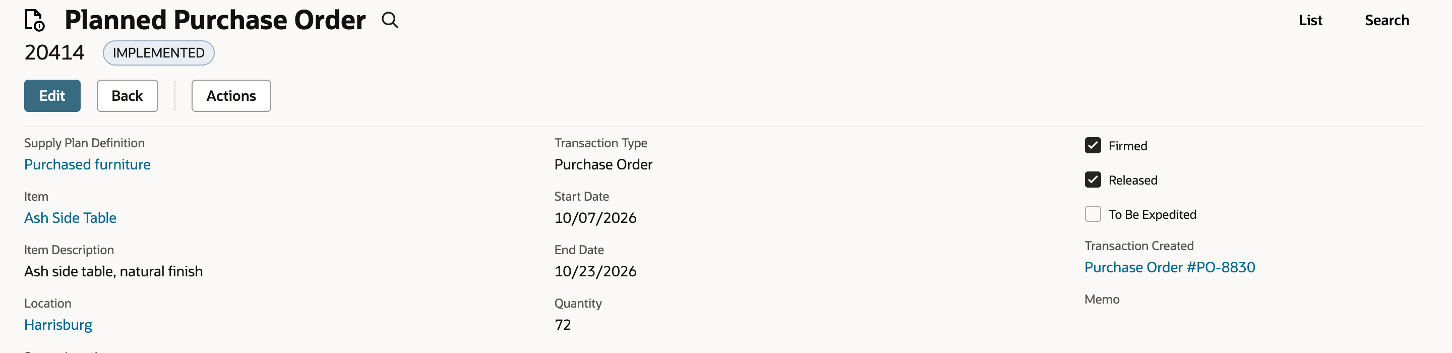 Planned Purchase Order 20414 shows status Implemented, Released checked and Transaction Created Purchase Order #PO-8830.