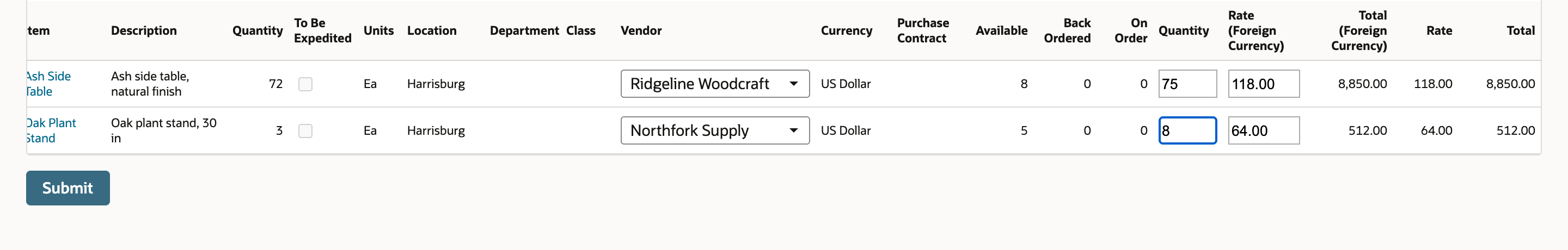 Scrolled right, the Planned Orders grid shows the editable Quantity fields changed to 75 and 8, with totals 8,850.00 and 512.00, while the first Quantity column still reads 72 and 3.