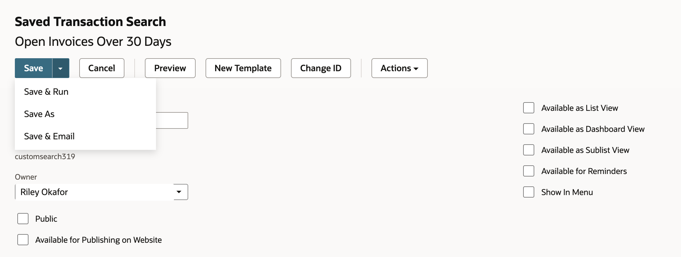 The copy's definition with the Save button's menu open, listing Save & Run, Save As, and Save & Email. An arrow points to Save & Run.