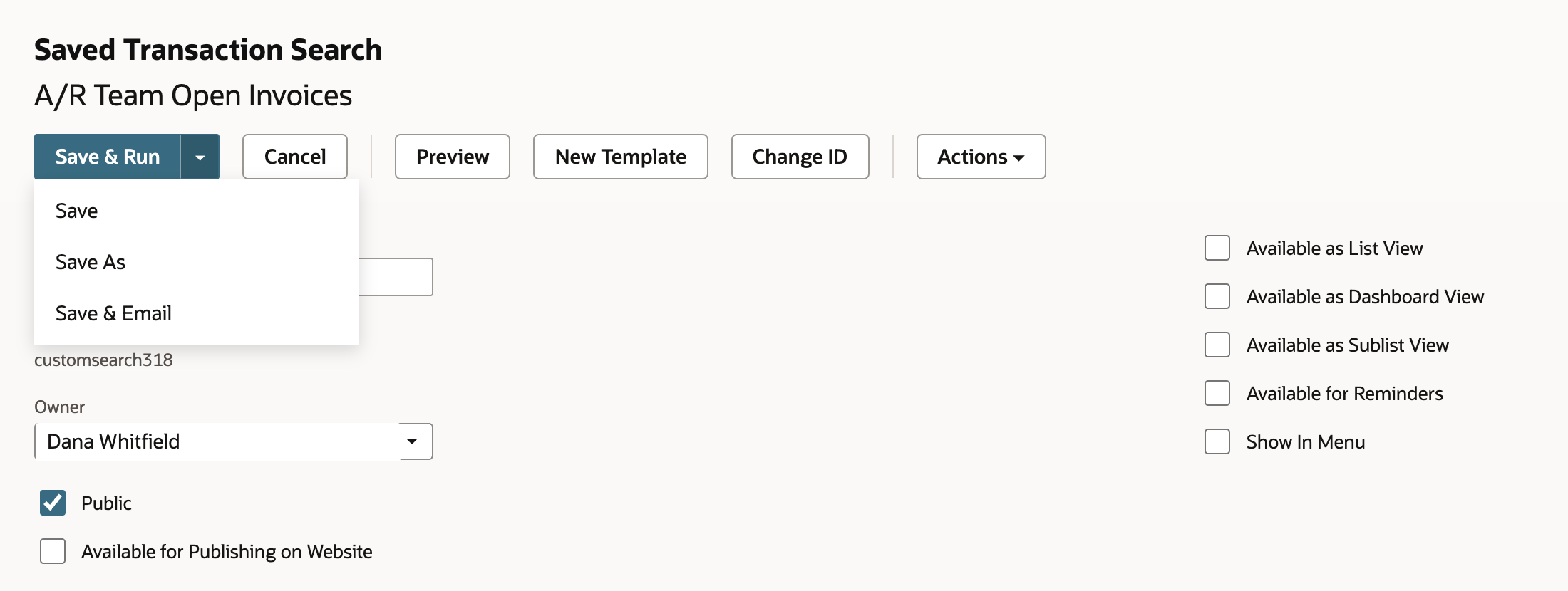 The menu under the Save & Run arrow is open and lists Save, Save As, and Save & Email. An arrow points to Save As.