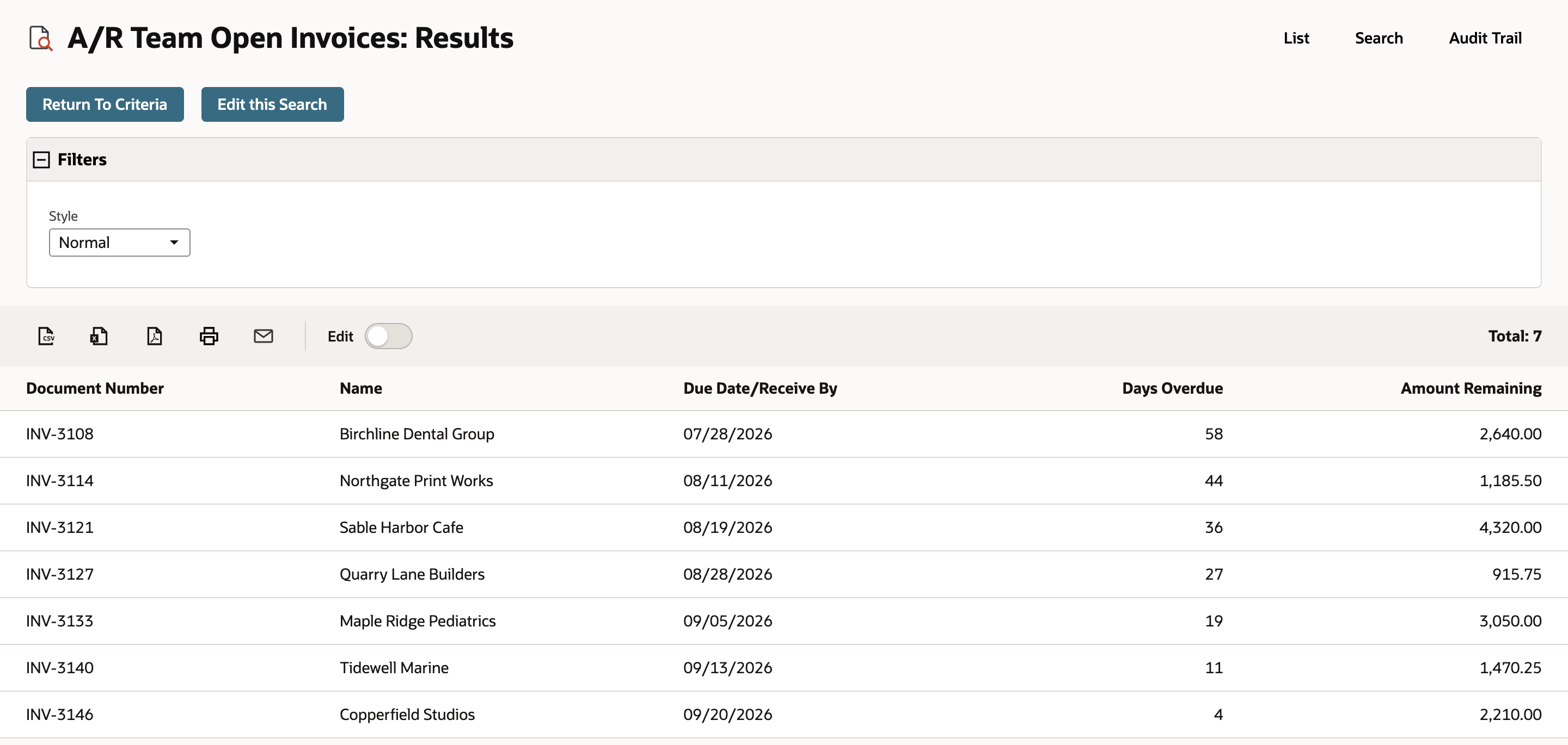 A/R Team Open Invoices: Results with Total: 7, the same seven invoices, INV-3108 to INV-3146, with Days Overdue from 58 down to 4.
