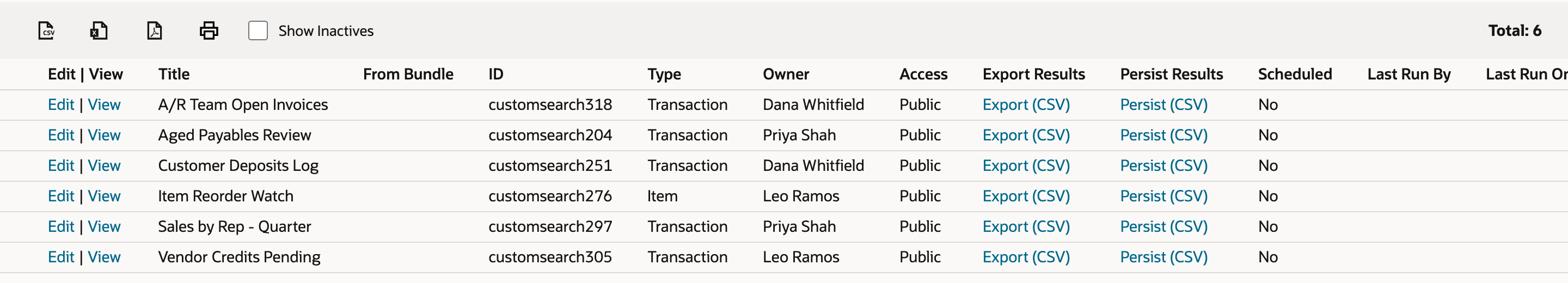 The Saved Searches list with Total: 6. The first row is A/R Team Open Invoices, customsearch318, Transaction, owned by Dana Whitfield, Access Public, with Edit and View links.