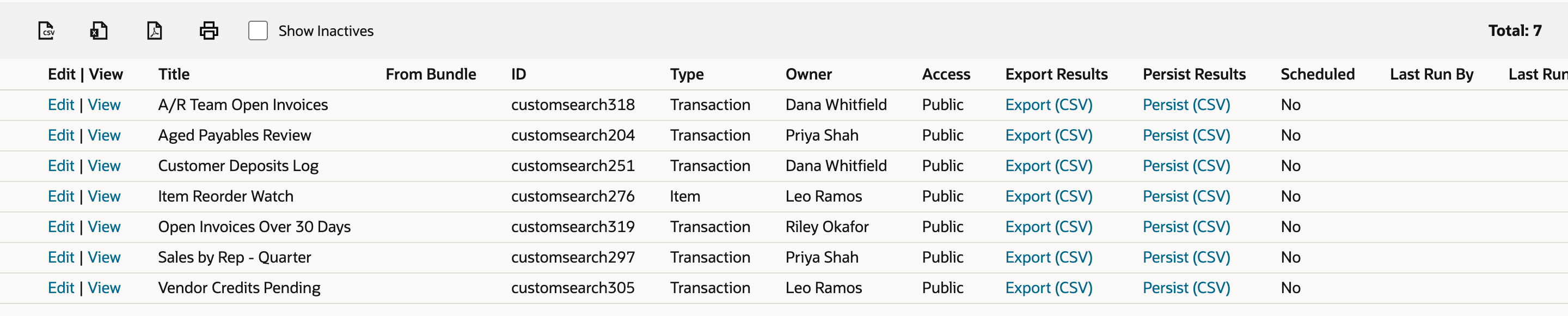 The Saved Searches list with Total: 7. A new row, Open Invoices Over 30 Days, customsearch319, owned by Riley Okafor, Access Public, sits below Item Reorder Watch. An arrow points to its Edit link.