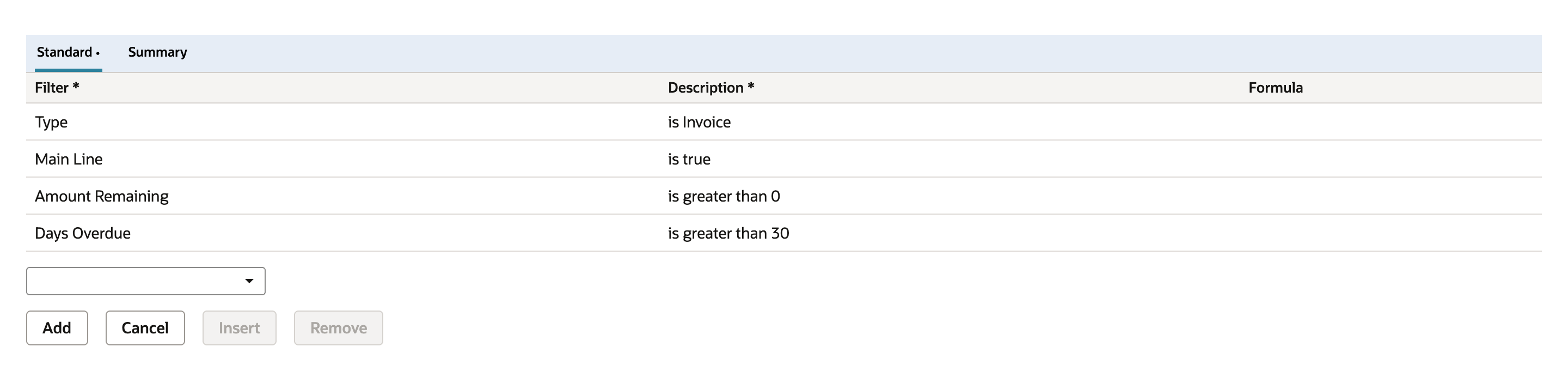 The Criteria subtab of the copy lists Type is Invoice, Main Line is true, Amount Remaining is greater than 0, and Days Overdue is greater than 30.