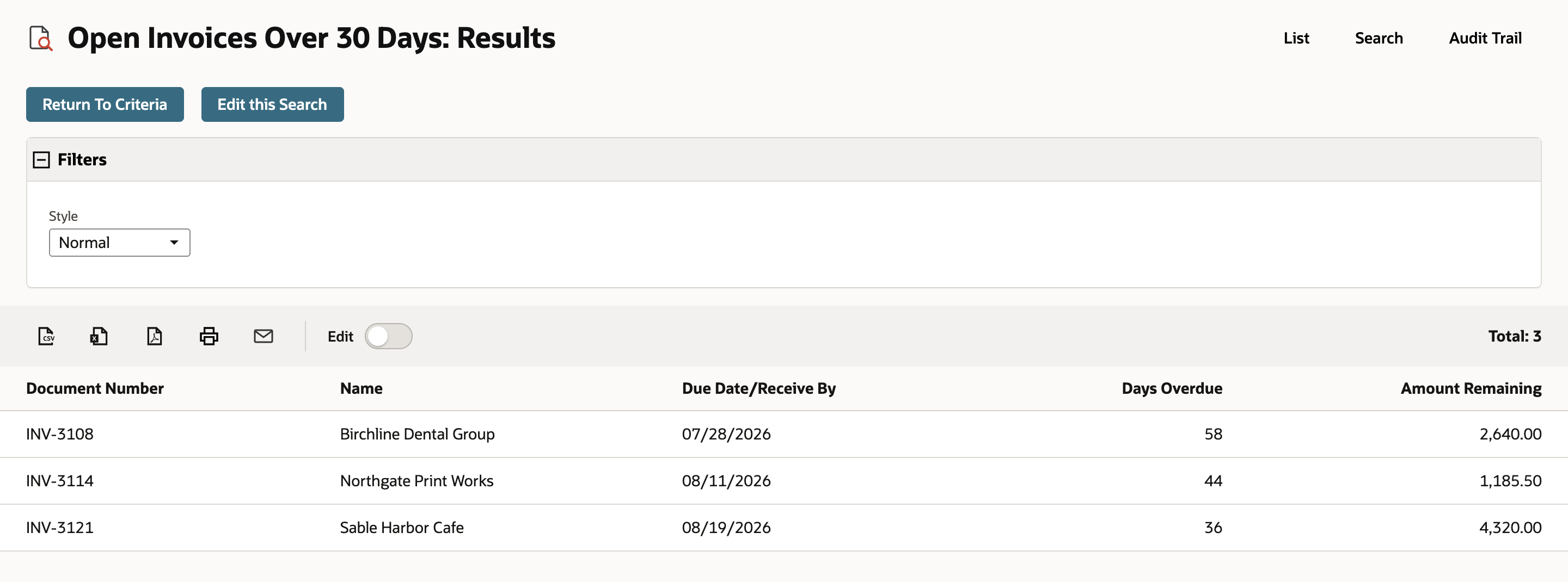 Open Invoices Over 30 Days: Results with Total: 3. Invoices INV-3108, INV-3114, and INV-3121 with Days Overdue 58, 44, and 36.