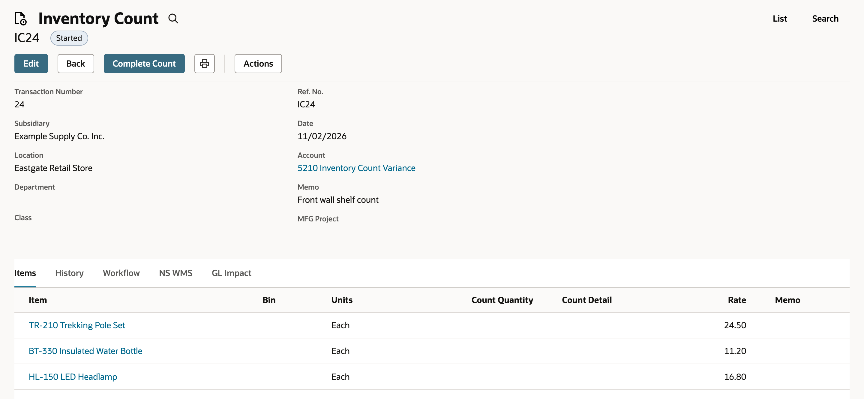 Inventory Count IC24 with the status Started and a Complete Count button where Start Count was.