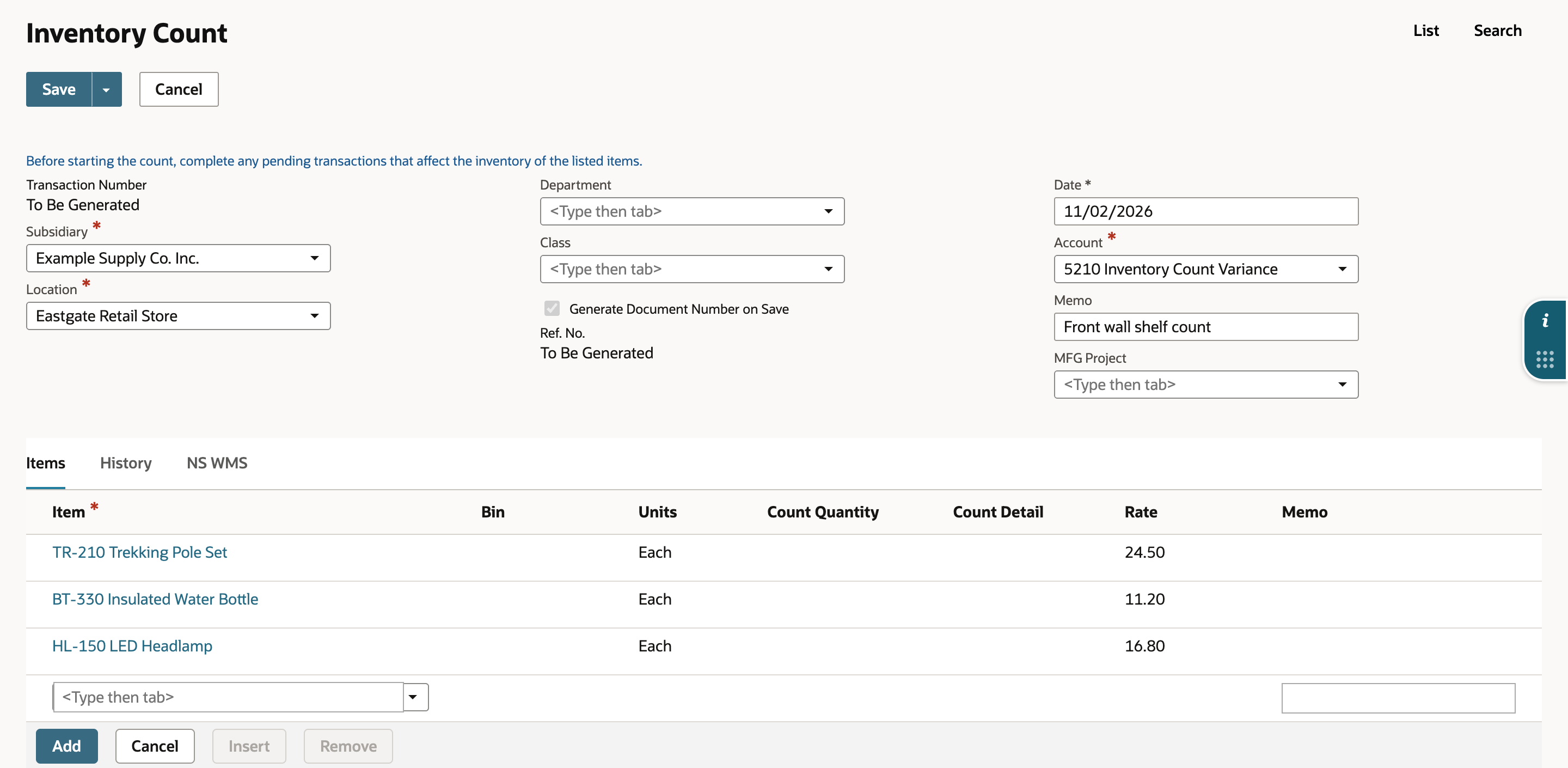 The Items subtab of the new Inventory Count with three lines, TR-210 Trekking Pole Set at rate 24.50, BT-330 Insulated Water Bottle at 11.20 and HL-150 LED Headlamp at 16.80, each with an empty Count Quantity.