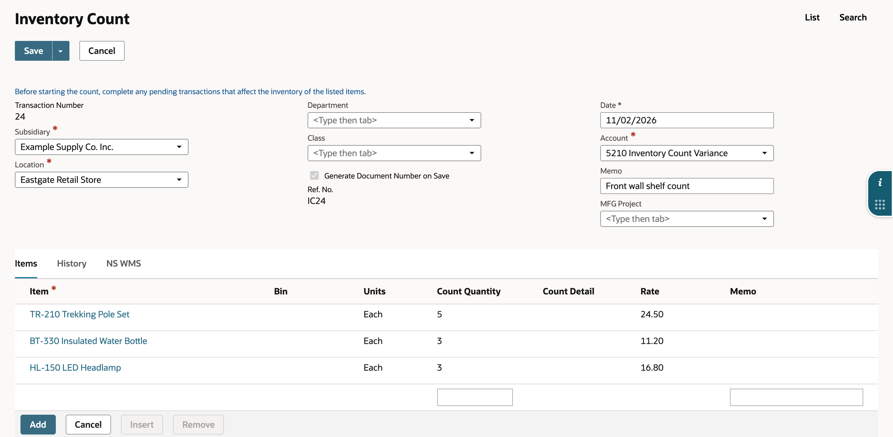 The Inventory Count in edit mode with Count Quantity 5 on TR-210, 3 on BT-330 and 3 on HL-150, before saving.