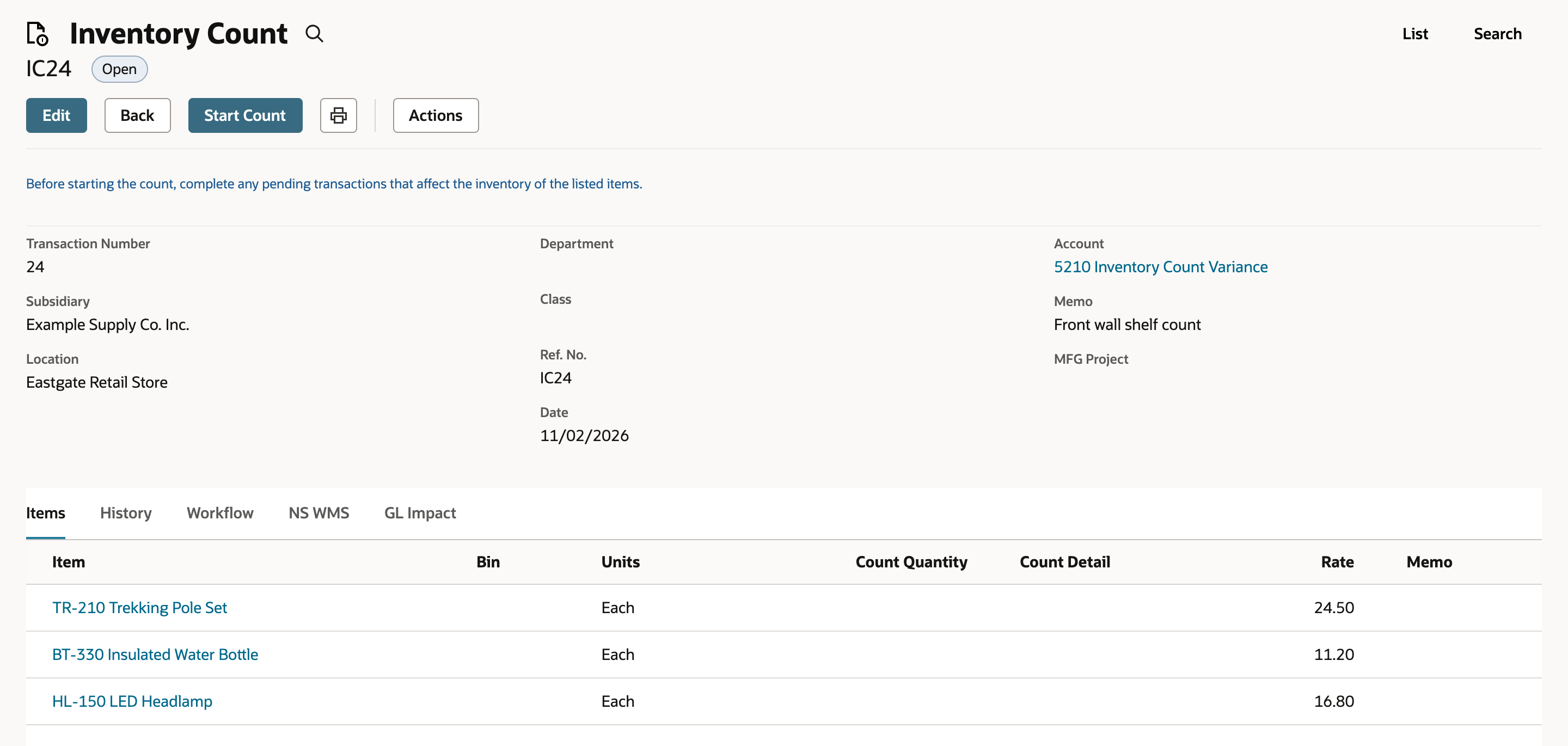 Inventory Count IC24 with the status Open and Edit, Back and Start Count buttons above the header fields and the three item lines.