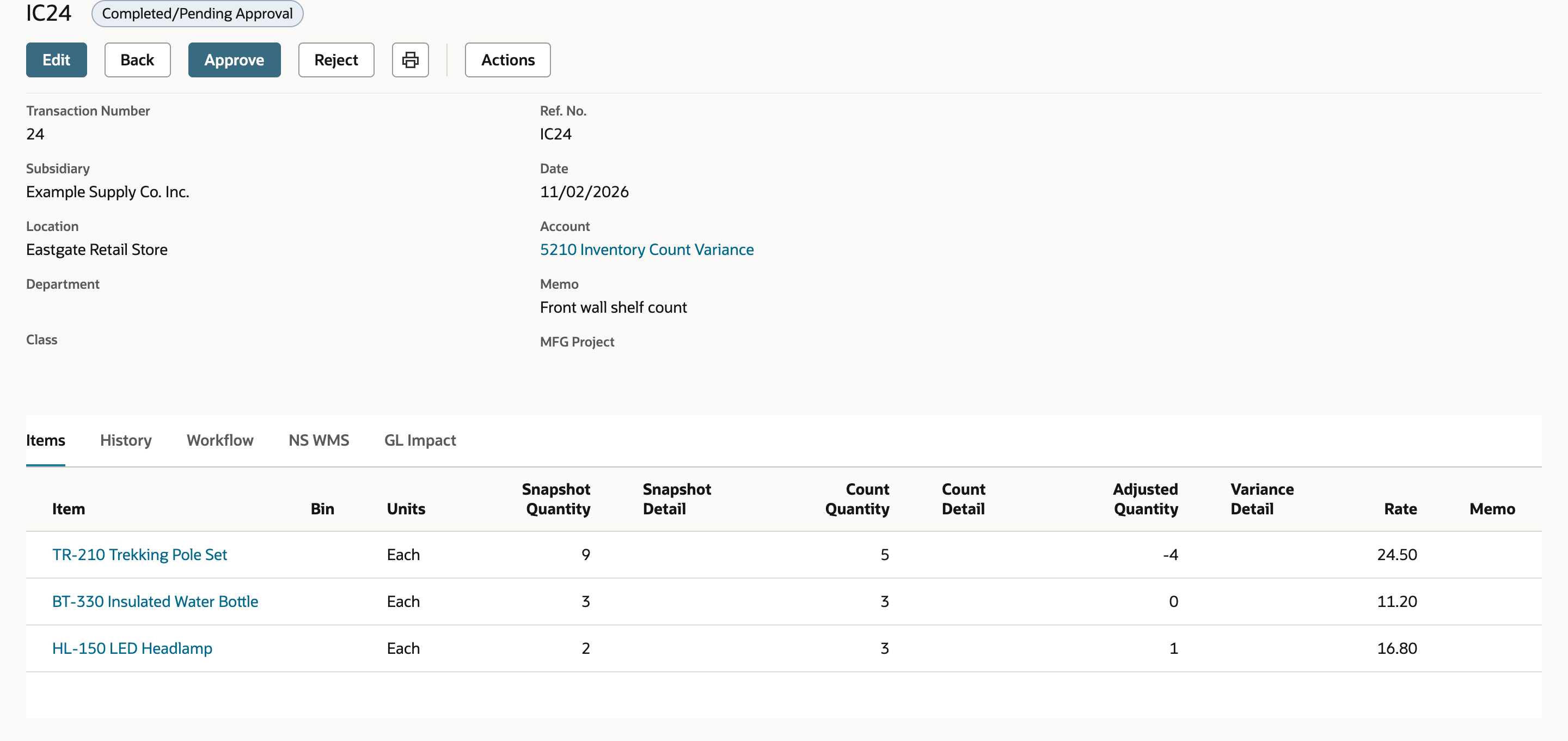 Inventory Count IC24 in Completed/Pending Approval with Approve and Reject buttons and three lines: TR-210 snapshot 9, count 5, adjusted -4; BT-330 snapshot 3, count 3, adjusted 0; HL-150 snapshot 2, count 3, adjusted 1.