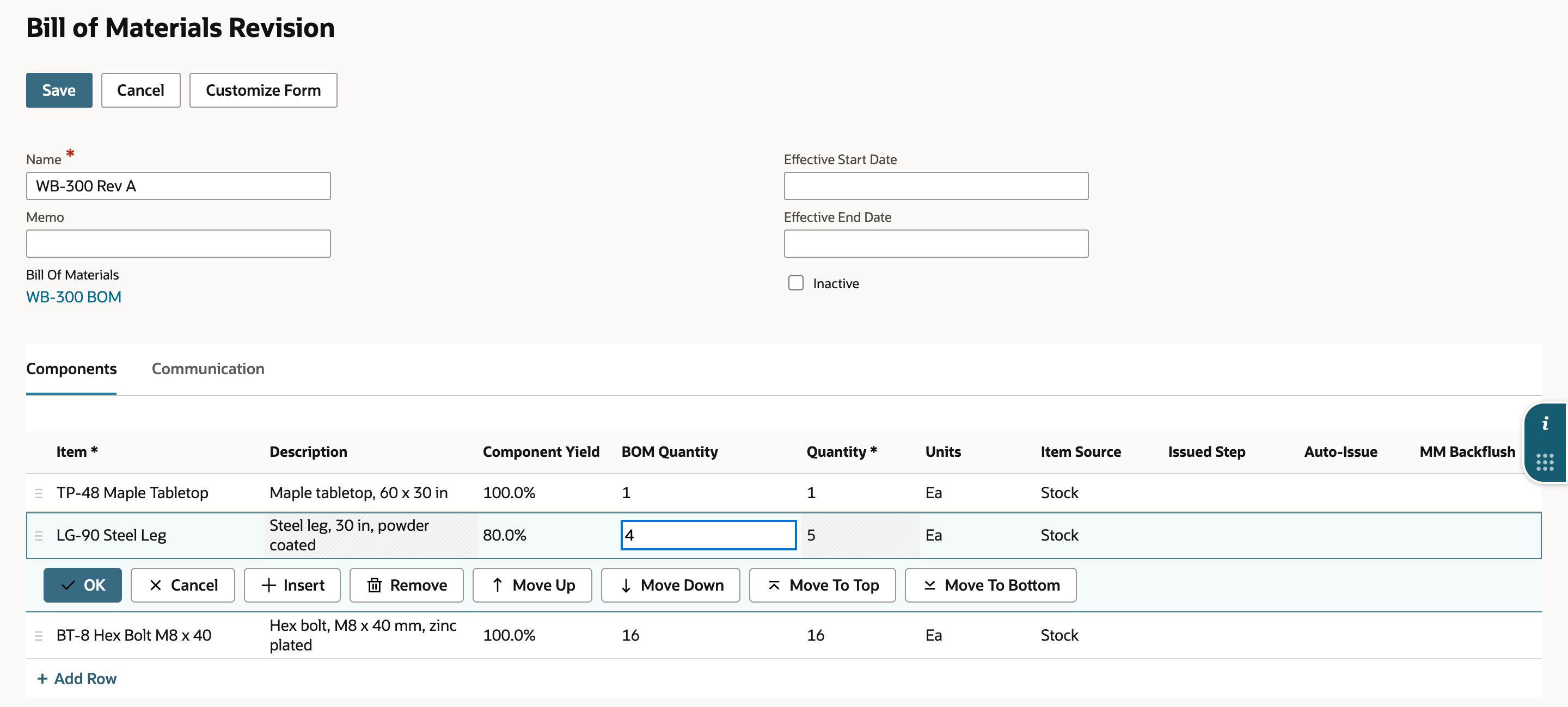 The LG-90 Steel Leg line at Component Yield 80.0% with BOM Quantity 4 and Quantity 5, between lines at 100.0%.