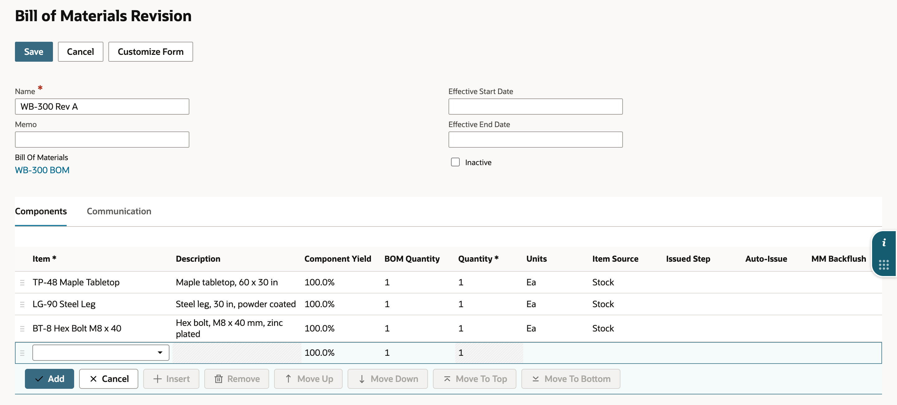 The WB-300 Rev A form with three component lines, each at Component Yield 100.0%, BOM Quantity 1 and Quantity 1.