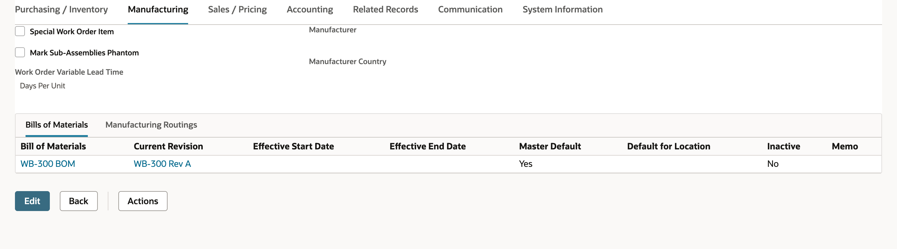 The WB-300 item lists WB-300 BOM with WB-300 Rev A as current revision and Master Default Yes.