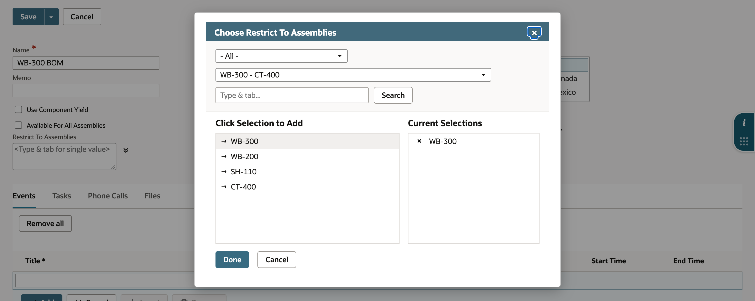 The Choose Restrict To Assemblies popup with WB-300 listed under Current Selections.