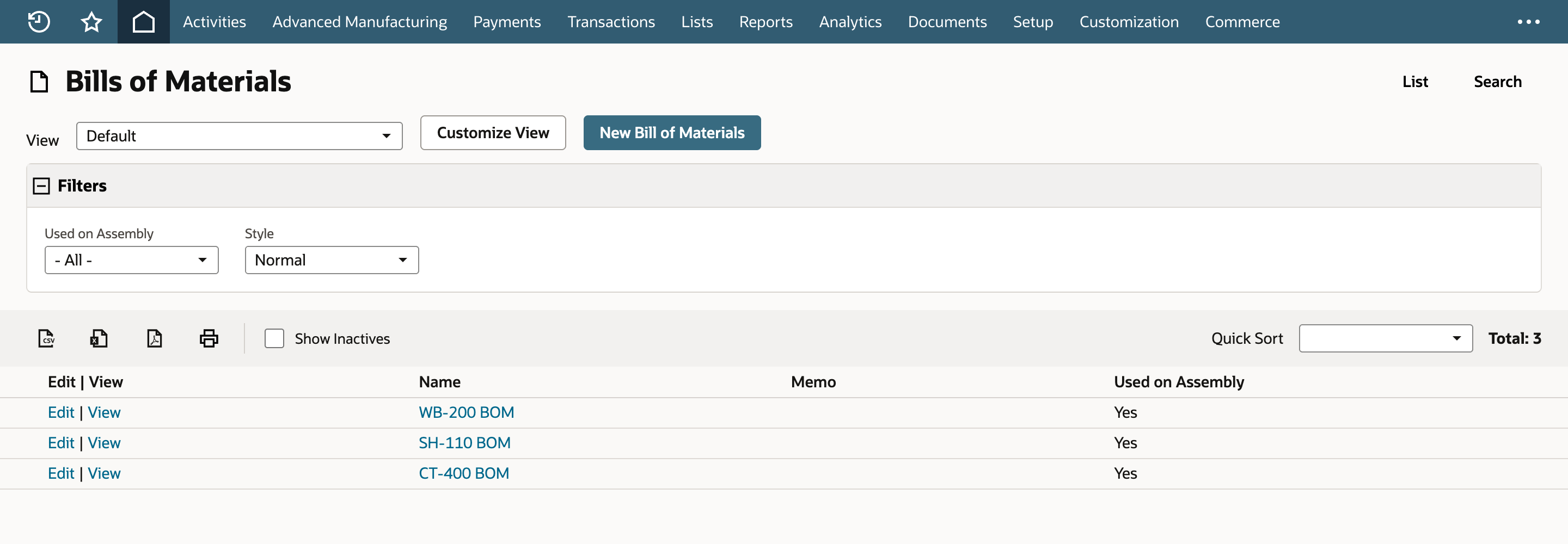 The Bills of Materials list with the New Bill of Materials button, the Used on Assembly filter and three BOMs that are used on an assembly.